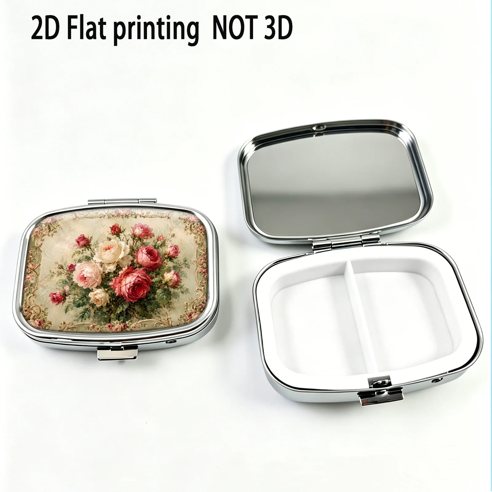 Vintage-Style Frame with Deep and Light Red Rose Patterns, Square Two-Compartment Small Pill Organizer, Portable Medicine Storage, Can Also Be Used as a Home Portable Organizer, Decorative Box, Suitable for Crossbody Bags, Travel, Metal Pill Box, Small Jewelry Storage, Holiday Gifts, Commemorative Trinkets, Prize Souvenirs
