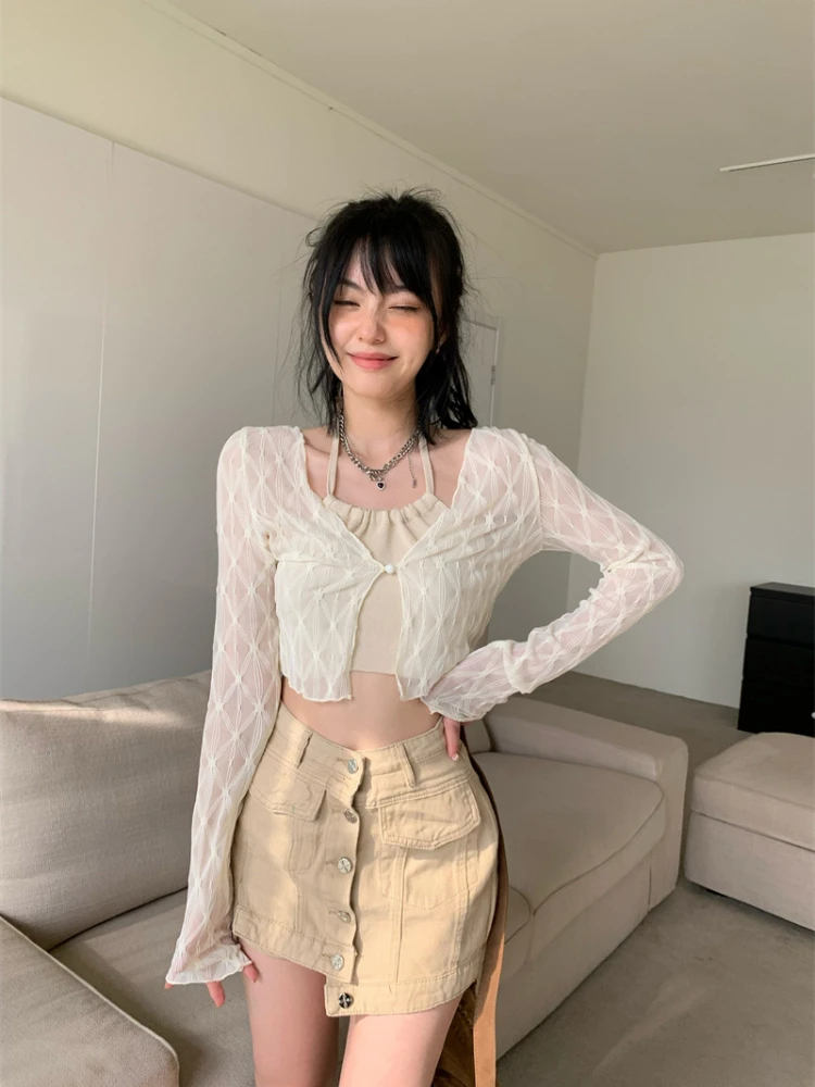 Women Shirts Solid Slim Fit Lovely Sweet Lace Thin Korean Fashion All-match Long Sleeve Y2k Sun Protection Crop Tops Summer Chic