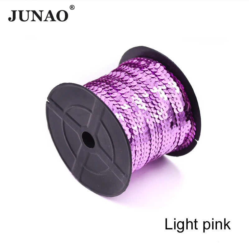 JUNAO 100 Yard 6mm Light Pink Round Sew On Sequins Trim Loose PVC Paillette Shiny Sequins For Clothes Jewelry Decoration
