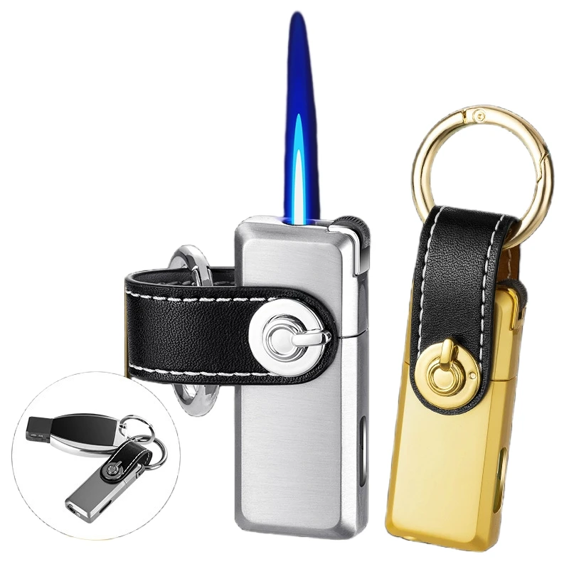 Mini Keychain Pendant Inflatable Blue Flame Direct Charge Windproof Grinding Wheel Lighter Transparent Gas Chamber Metal Leather