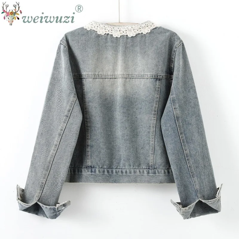 Korean Style Denim Coat Round Collar with Lace Trim Embellishment Washed Loose Casual Versatile Fashion Tops for Petite Figures