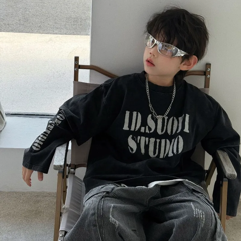Boys T-shirt 2025 Autumn Spring New Arrival Korean Style Fashion Trendy Letter Print Faux Two Piece Long Sleeve Top