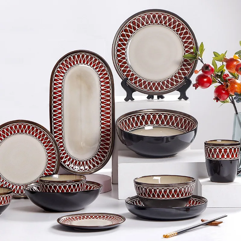 Classical Relief Stripe Ceramic Plates Creative Underglaze Romantic Dinner Plate Afternoon Tea Fruit Salad Bowls Tableware