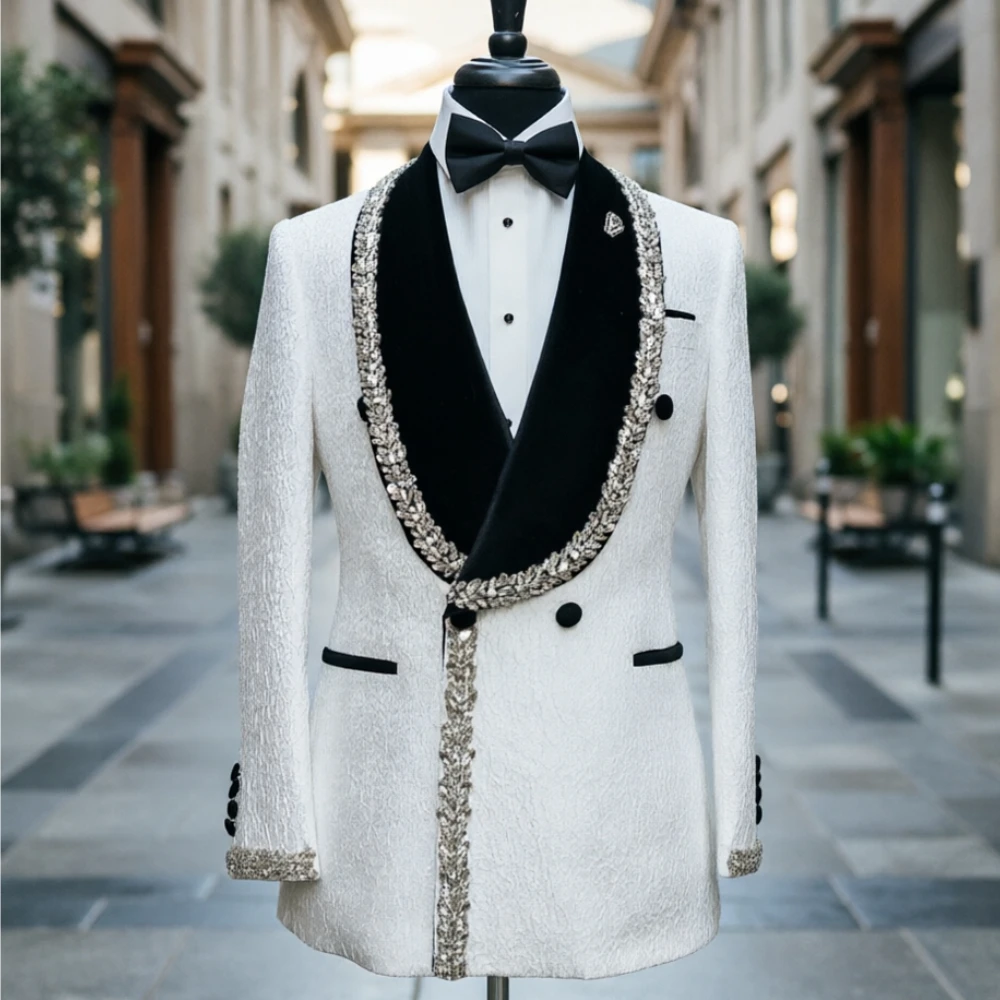 Luxury Wedding Tuxedo Men Suits Beaded Crystal Decorated Slim Fit Double Breasted White Black Formal Blazer for Groom 2 Pieces
