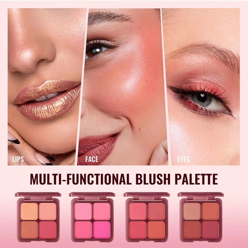 Multi-use 4 Color Blush Palette Built-in Brush High Pigment Matte Blush Highlighter Warm Tones Soft Focus Single & Mixed Makeup