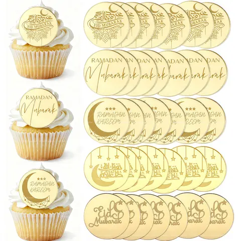 10pcs Gold Acrylic Eid Mubrak Cake Topper for Ramadan Kareem Party Cupcake Baking Decoration Supplies