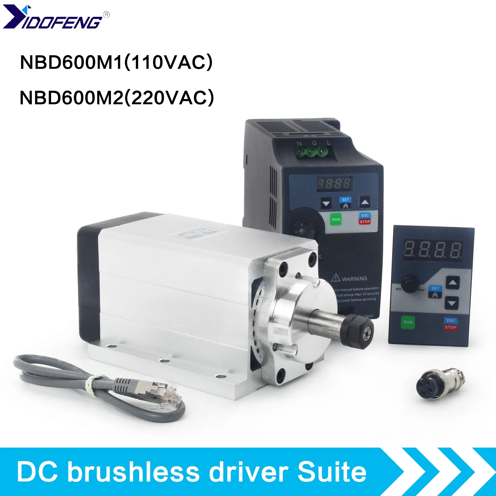 600W Brushless Spindle Motor Kit 110V/220V JK57BLS08-05 Square Spindle ER11 With NBD600M2 BLDC Driver For CNC Router Machine