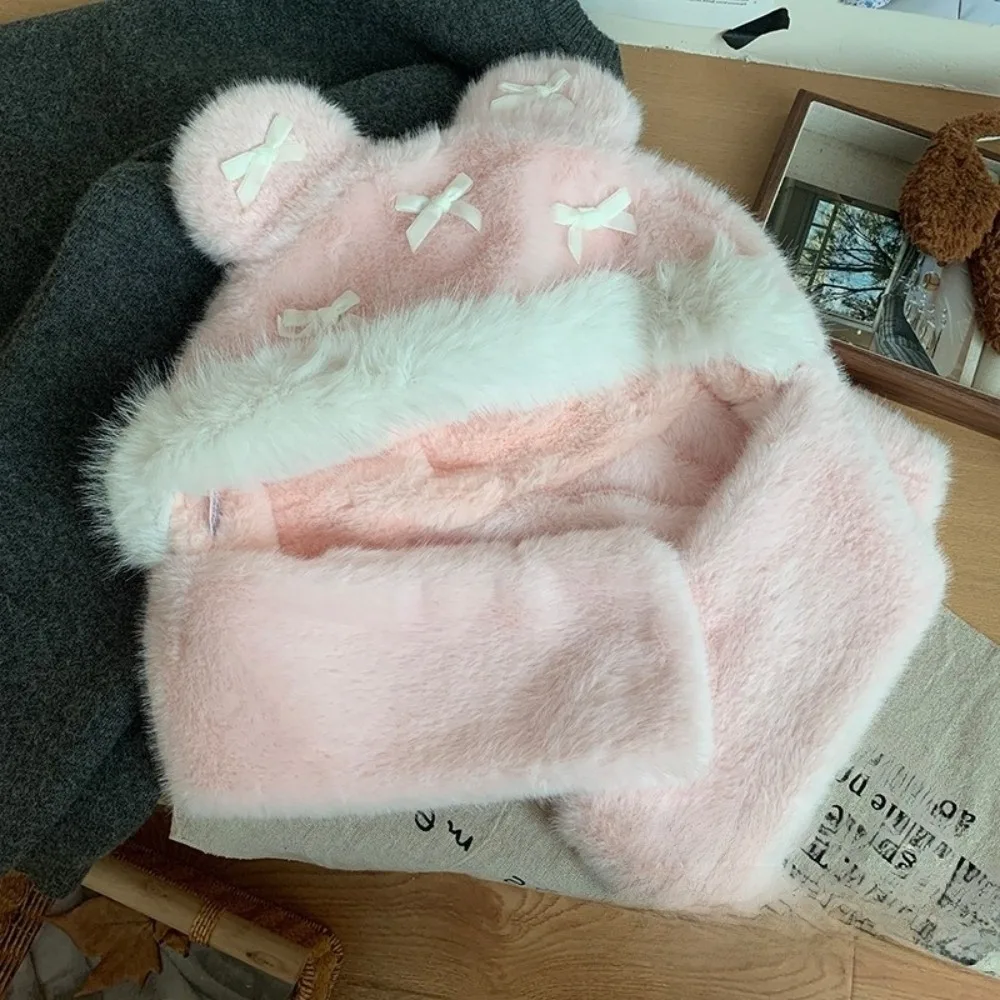 

Personality Fluffy Bow Ear Protection Hat Thickened Ear Protection Beanies Cap Keep Warm Windproof Balaclava Hat Winter/Autumn
