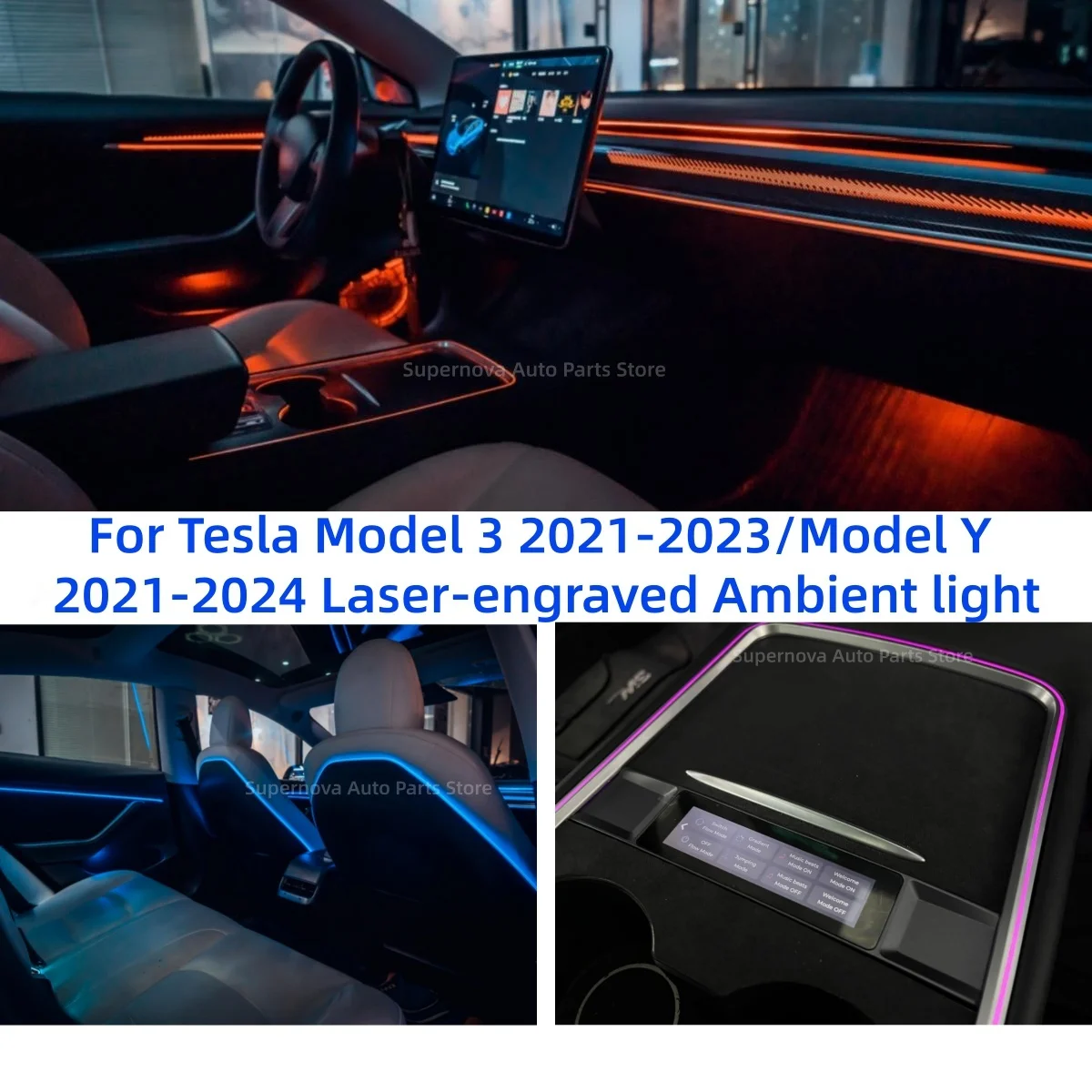 RHD/LHD For Tesla Model 3 2021-2023/Model Y 2021-2024 Laser-engraved ambient light Backrest lamp Central control lamp Auto parts