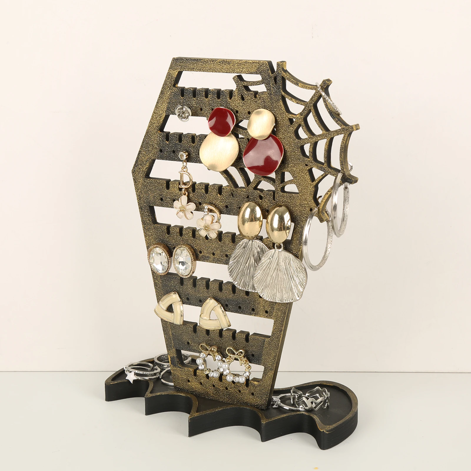Cross‑border Gothic Coffin Spider Web Wooden Earring Holder Halloween Desktop Jewelry Display Stand Stud Necklace Accessory Orga view 5