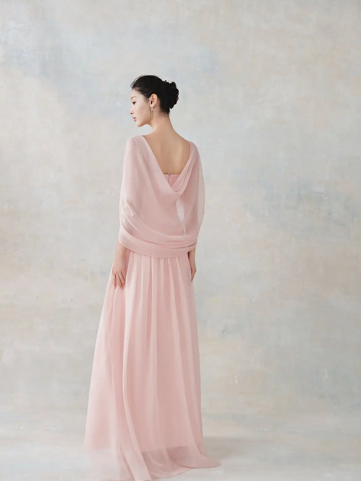 Dusty Pink Airy Chiffon Evening Gown Square Wide Strap Chest Pleated Bust 3D Floral Waist Appliques Back Draped Cowl Pleated A L
