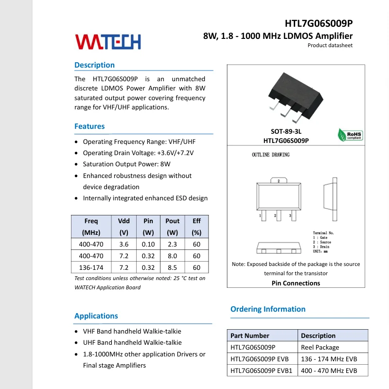 HTL7G06S009P HTL7G06S006P HTU7G06S002P code H0609A H0606E H0602C  SOT-89 2W 6W 9W 1.8- 1000MHz LDMOS Amplifier