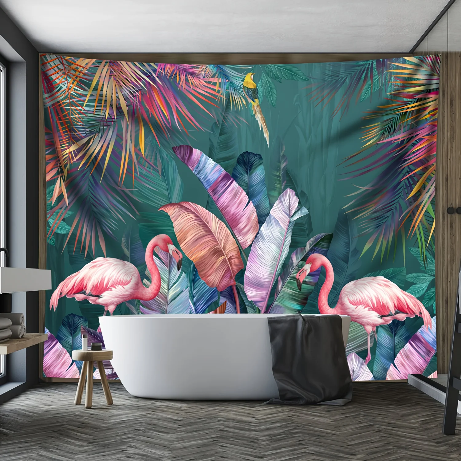 Pink Flamingo Tapestry, Tropical Banana Leaves and Parrot Wall Hanging, Boho Jungle Art for Bathroom Living Room Decor
