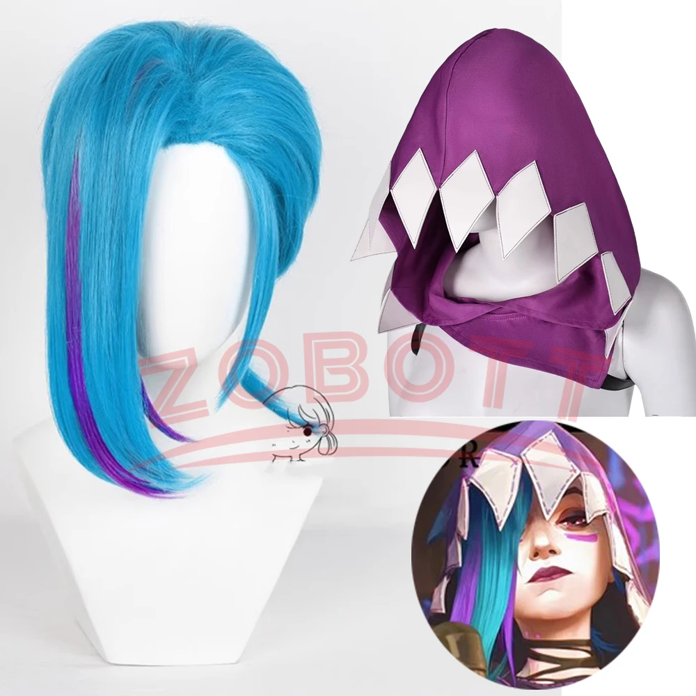 Arcane Season Jinx Cosplay Wig Hat Game Cosplay Women Blue Bangs Short Heat Resistant Hair Jinx With Hat Cosplay Free Cap