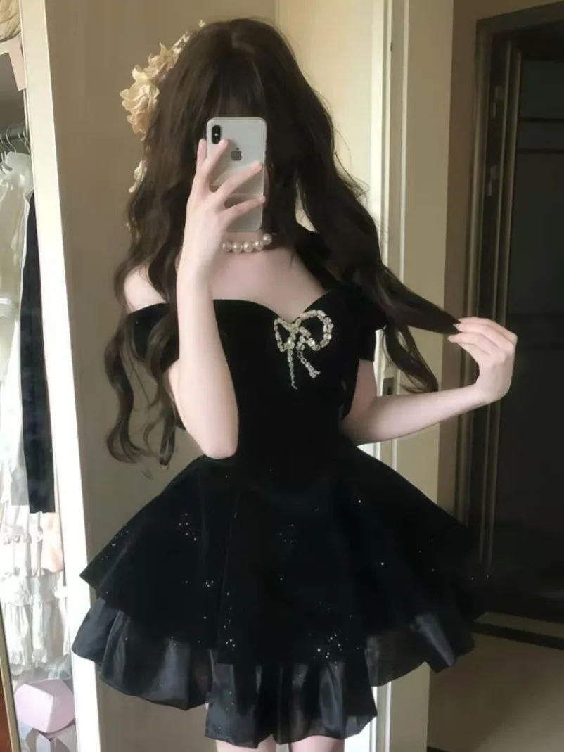 

Korean Y2k Black Evening Party Dress Woman Gothic Off Shoulder American Vintage Mini Dress Female Office Lady Birthday Outfits