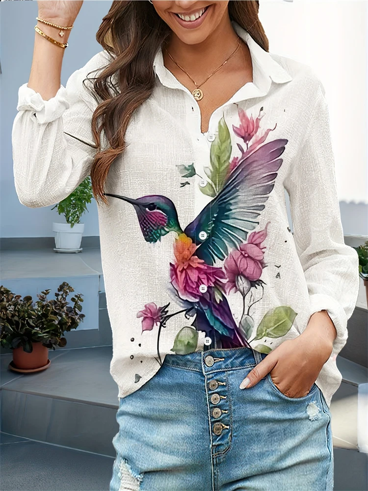 New Women's Shirts Bird Print Long Sleeve Shirt Loose Casual Fashion Shirt Large Size Women's Lapel Temperament Shirt