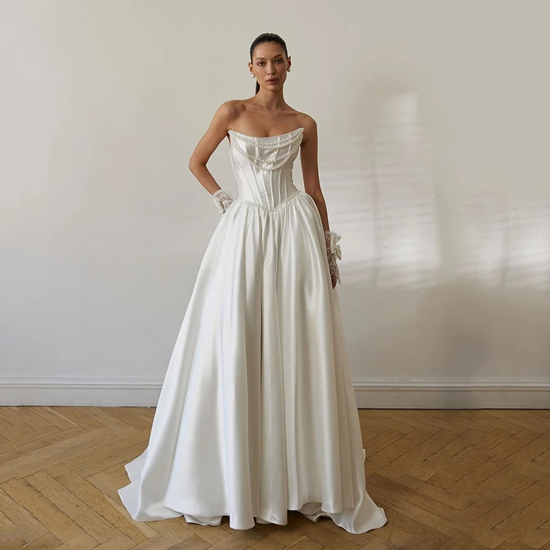 

Smileven Strapless Wedding Dresses A Line Bride Gown Customizable Vestido De Novia Sleeveless Wedding Gowns