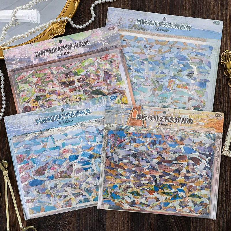 

Card Lover 4 Pcs [Four Seasons Sunny River] Landscape Stickers Fangting Ancient Dream Coastal Scenery for Journal Scrapbooking
