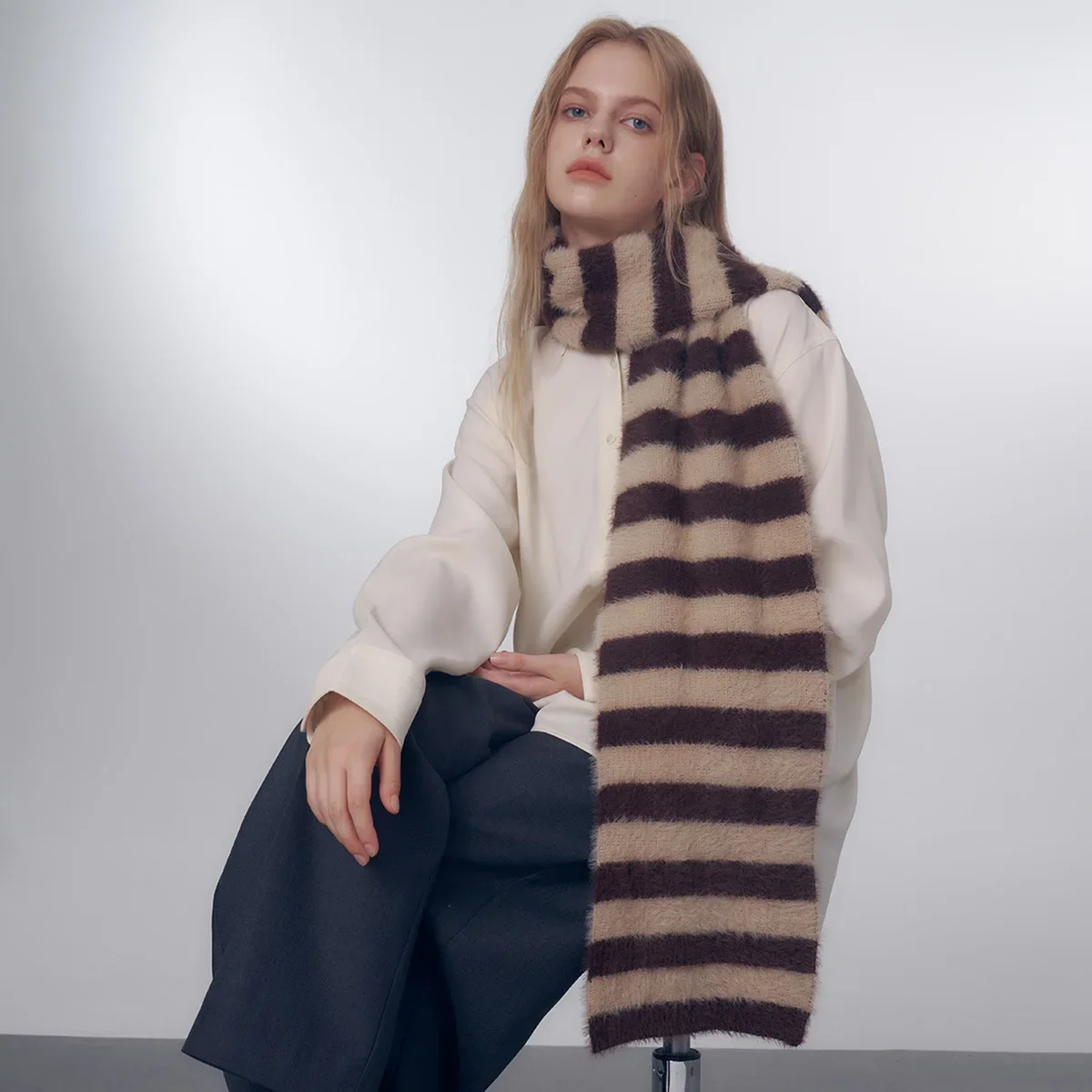 Original Scheme Imitation Mink Wrap Classic Striped Knitted Wool Scarf Women Autumn and Winter Soft Warm Chic Muffler Female