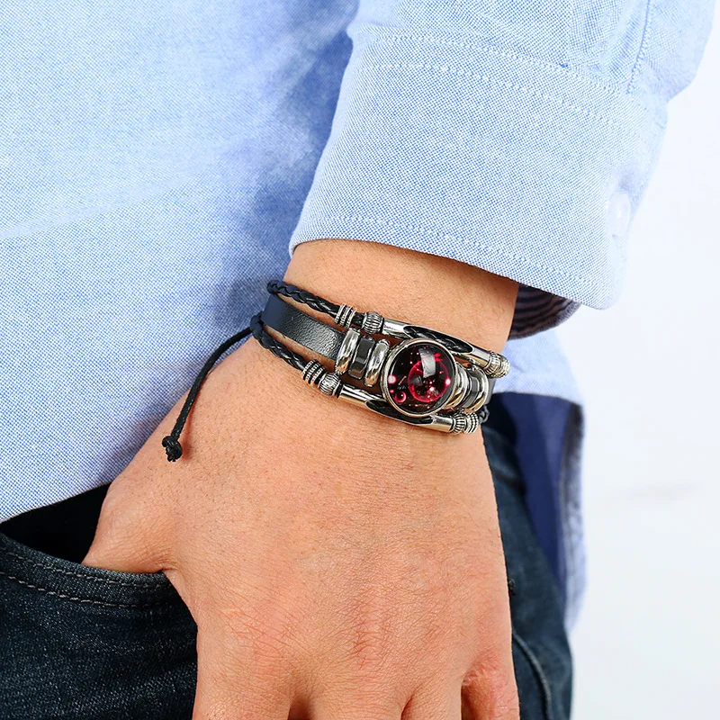 Glow in The Dark 12 Constellations Leather Rope Bracelet For Women Men Luminous Zodiac Sign Charm Bangle Punk Jewelry Gift