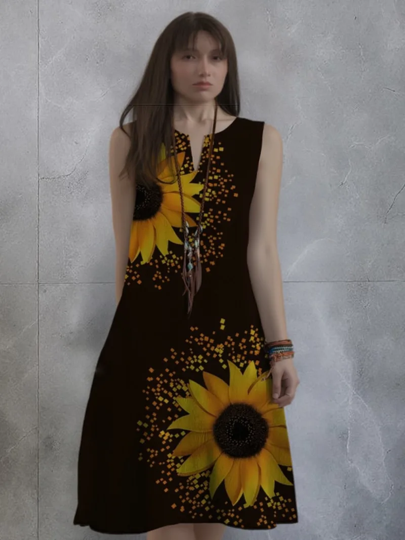 2025 Amerikaanse Grensoverschrijdende Dameskleding Nieuwe Jurk V-hals Mouwloos Sexy Gedrukt Grote Zoom Middellange Jurk WCO8