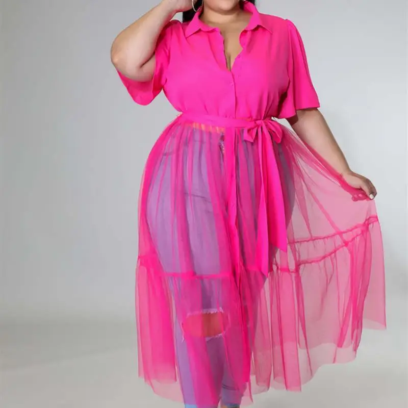 

Spring 2023 plus Size Long Blouse for plus Size Women High Waist A-Line Skirt Neck Short Sleeve Polyester Fiber Ladies S...