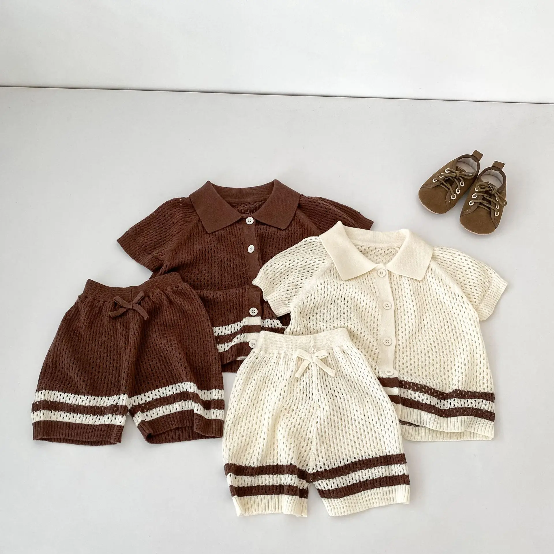 キッズニットセット-2026年夏-メッシュ透かし彫り半袖トップス＋パンツ-2点セット-ベビー男の子女の子用衣装