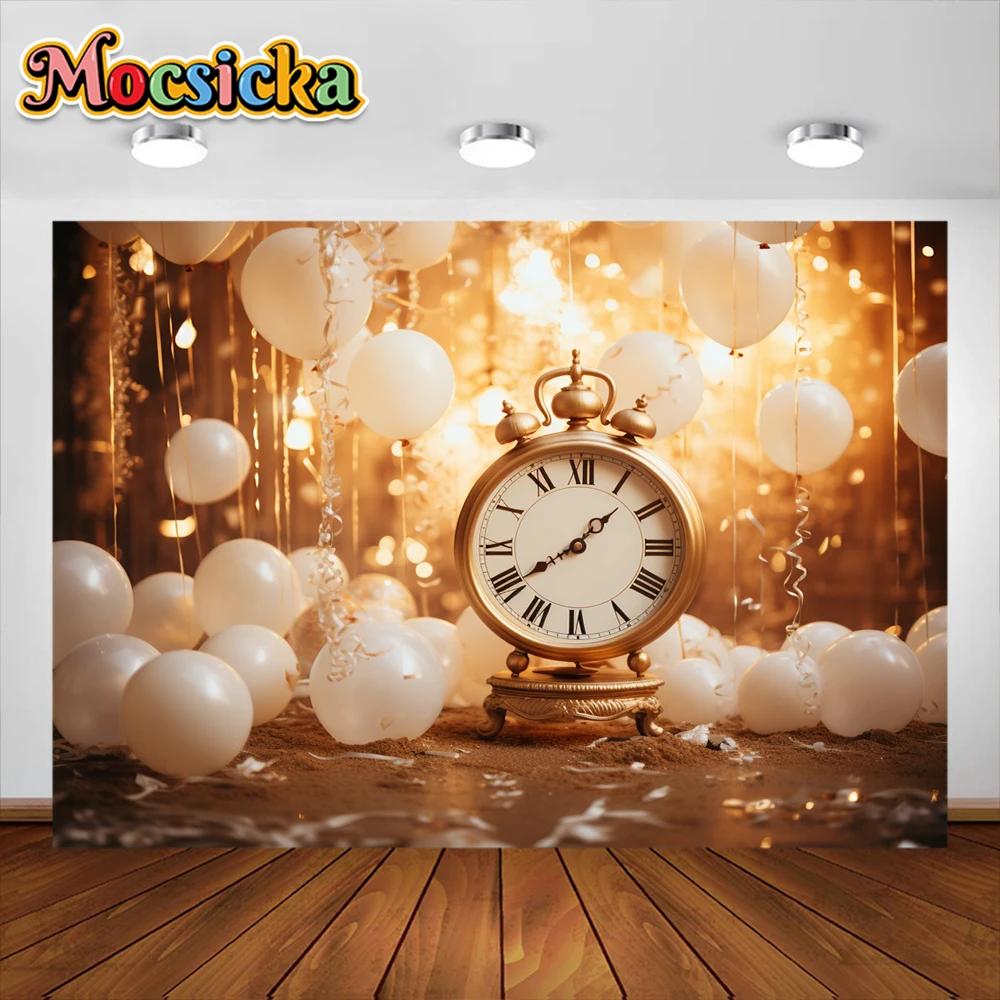 New Year Clock Decoration Backdrop Newyear Banners Night Party Champagne Fireworks Background Photography Props Photozone