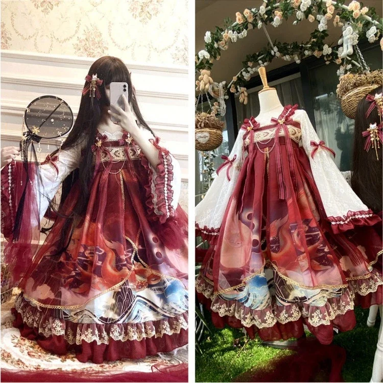 

E-Girl Sweet Mesh Long Sleeve Op Dresses Y2k Ruched Fairycore 2025 summer new Chinese New Year Red Lolita Dress for Women