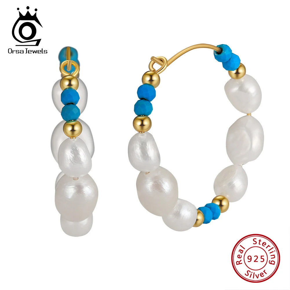 

ORSA JEWELS 925 Sterling Silver Turquoise Ear Buckles Vintage Natural Pearl Round Hoop Earrings for Women Jewelry MPE02