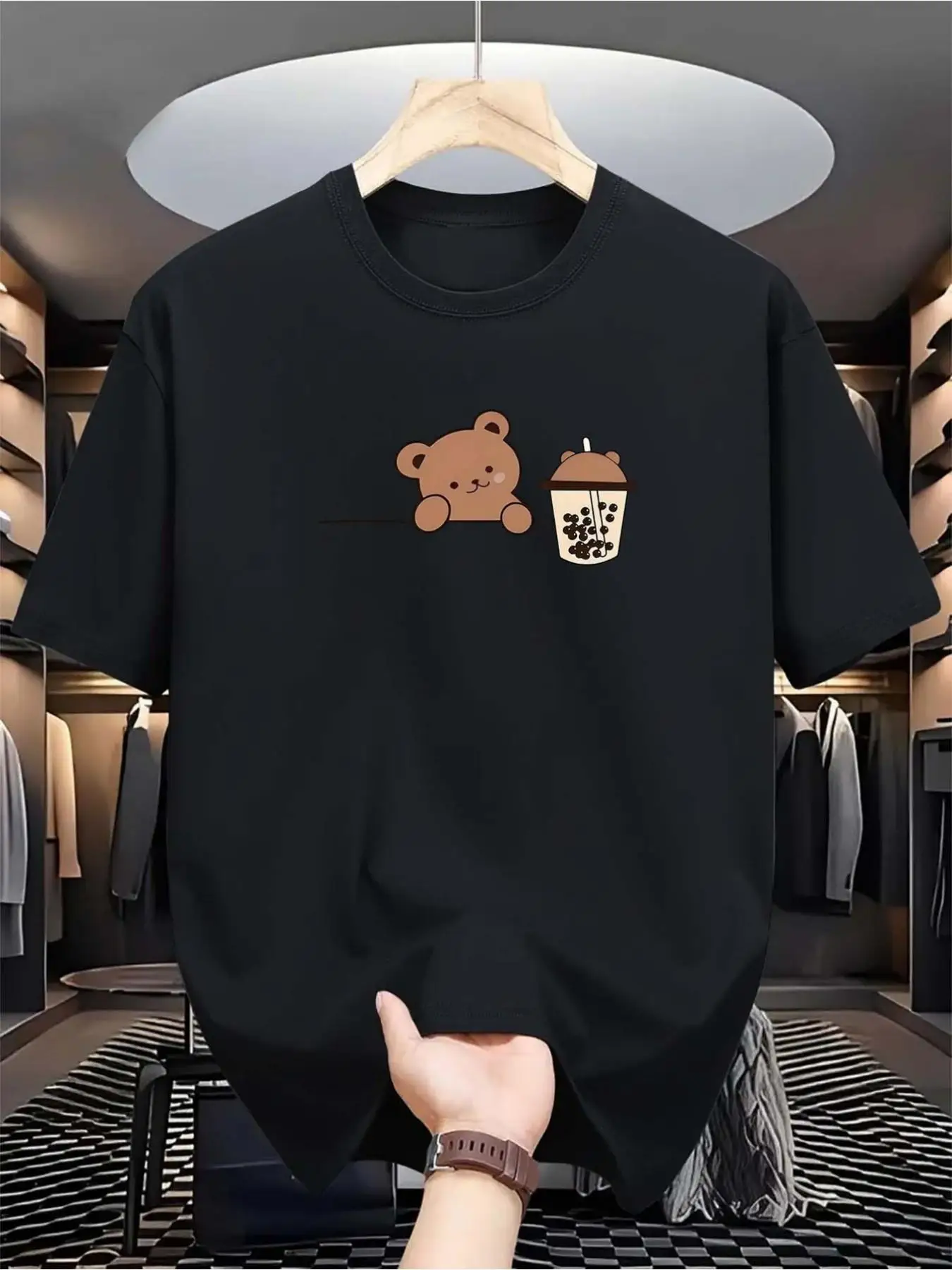 180g Single-Sided Printed Round Neck Short-Sleeved T-Shirt Casual, Milk Tea and Bear Pattern, Fiber Knitted, Slightly Elastic, Regular Fit, Suitable for All Seasons, Ideal for Christmas, Easter, Halloween, Thanksgiving