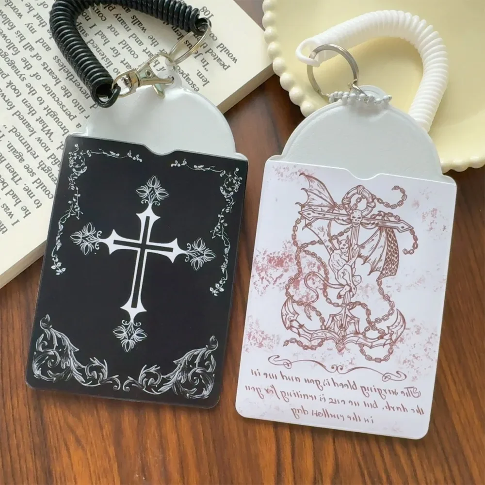 Gothic Dark Series PVC Card Sleeve with Spring Rope 3 Inches Kpop Idol Love Bean Star Small Card Storage Pendant Cards Holder