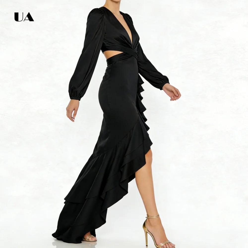 فستان حفلة موسيقية غير متماثل من الساتان من ULBYANRY بأكمام طويلة، فستان سهرة سادة بفتحة رقبة على شكل حرف V عميقة، فستان حفلات مخصص مكشكش