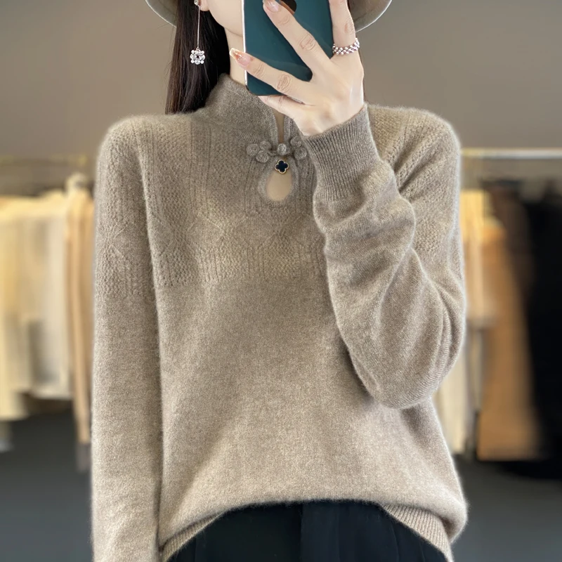 100%Merino wool Fall/winter women's hollow pullover with vertical collar China wind buckle knitted long sleeve cashmere sweater