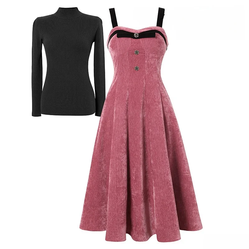 Sweet velvet halter knit set with two thick MIDI dresses