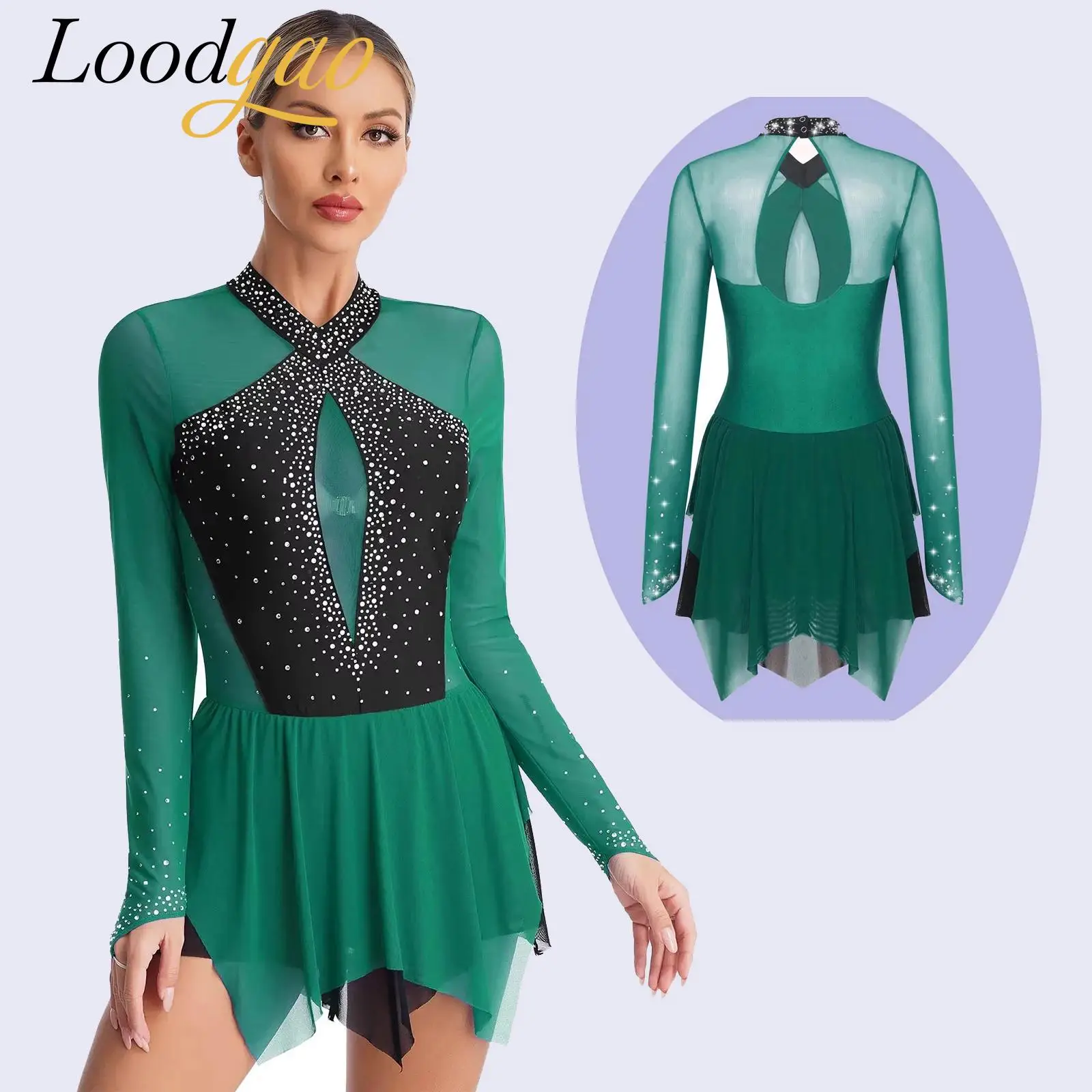 

Women's Sheer Mesh Figure Skating Dress Long Sleeve Ballet DressGymnastics Leotard Lyrical Dance Competition Ballerina Clothes
