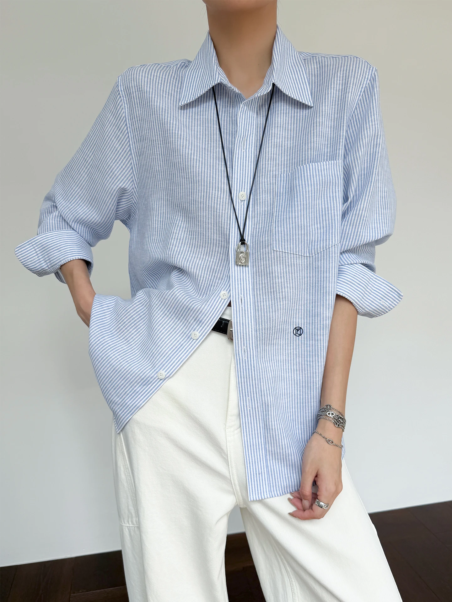 

Mandyelim Women's Loose Fit Striped Shirt Color Woven Linen Summer Cool Feeling Comfortable Long Sleeve Shirt