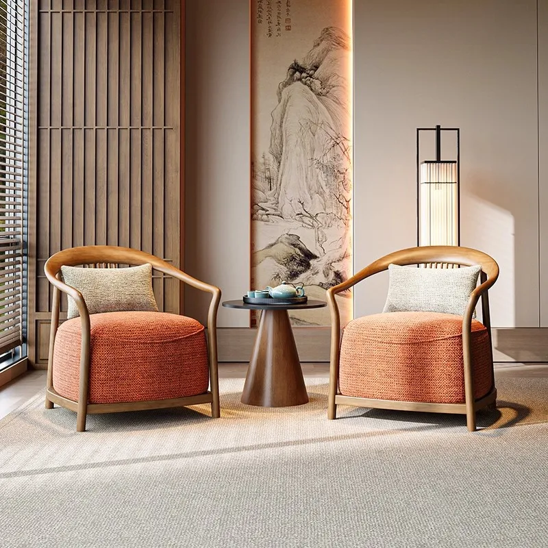 

New Chinese-style solid wood single sofa chair designer hotel lobby business lounge area light luxury one table and two chairs
