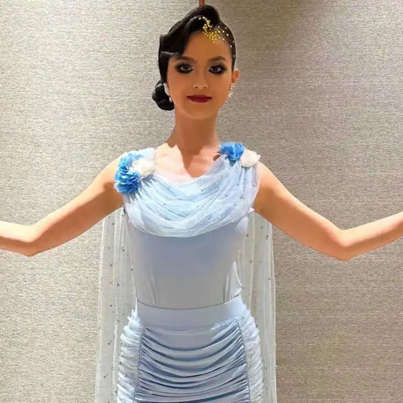 2025 nuevas mujeres Swing Collar malla Top trajes de baile de vals ropa de baile moderna ropa de baile de salón ropa de actuación DN22288