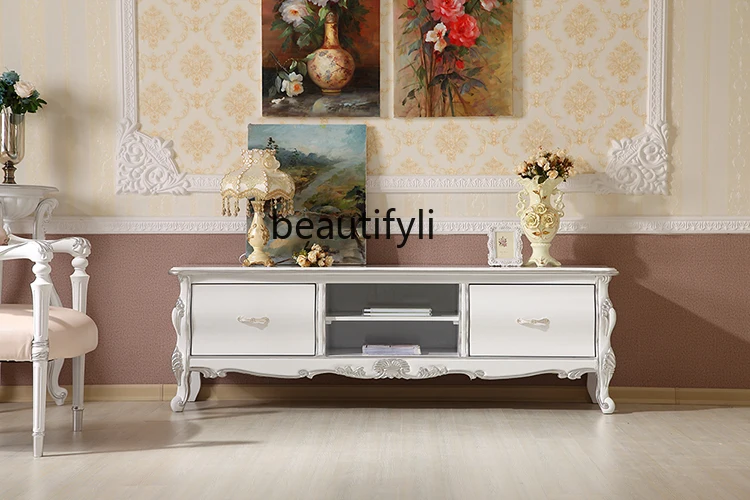 

European-Style Small Apartment TV Cabinet Living Room White Solid Wood TV Cabinet American Carved Storage Floor Cabinet