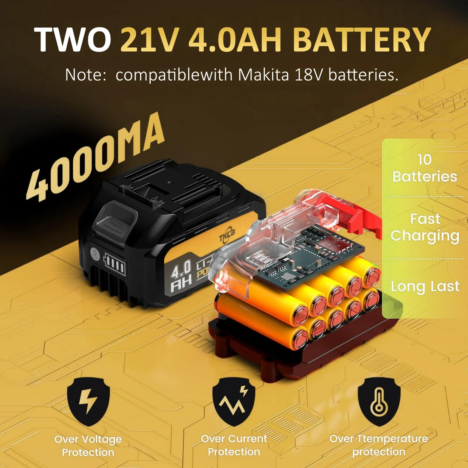 TKCB-llave de impacto eléctrica sin escobillas, 520n.M, 1/2 pulgadas Batería de iones de litio de 18 voltios, Compatible con Makita, para reparación
