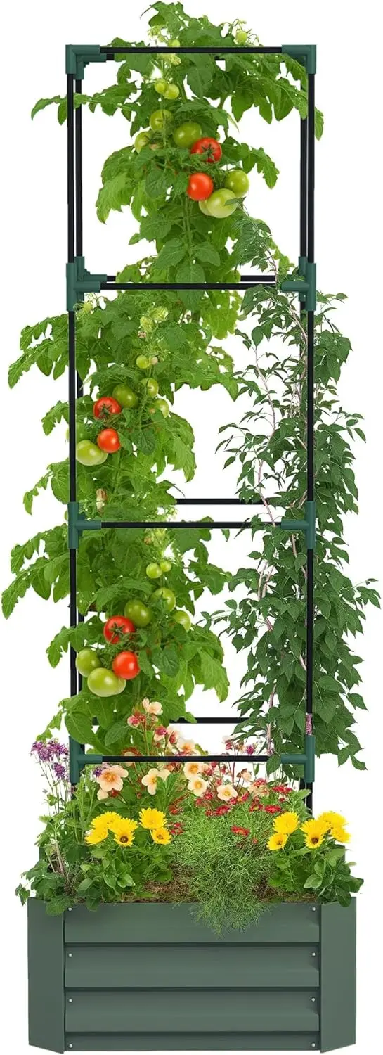 

Оцинкованная приподнятая садовая кровать, высота 73,5 дюйма, уличная кашпо с решетчатой клеткой для томатов и открытым дном для восхождения лоз, Vegeta