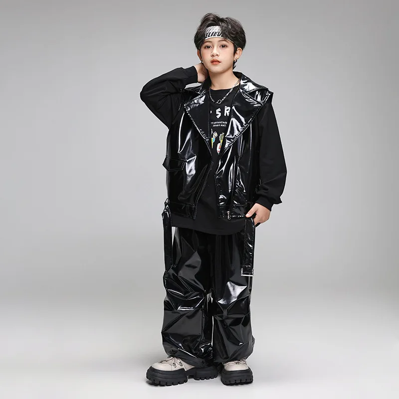 

Kid Hip Hop Clothing Black Faux Leather Sleeveless Jacket Vest Casual Wide Ruched Pants for Girl Boy Jazz Dance Costume Clothes