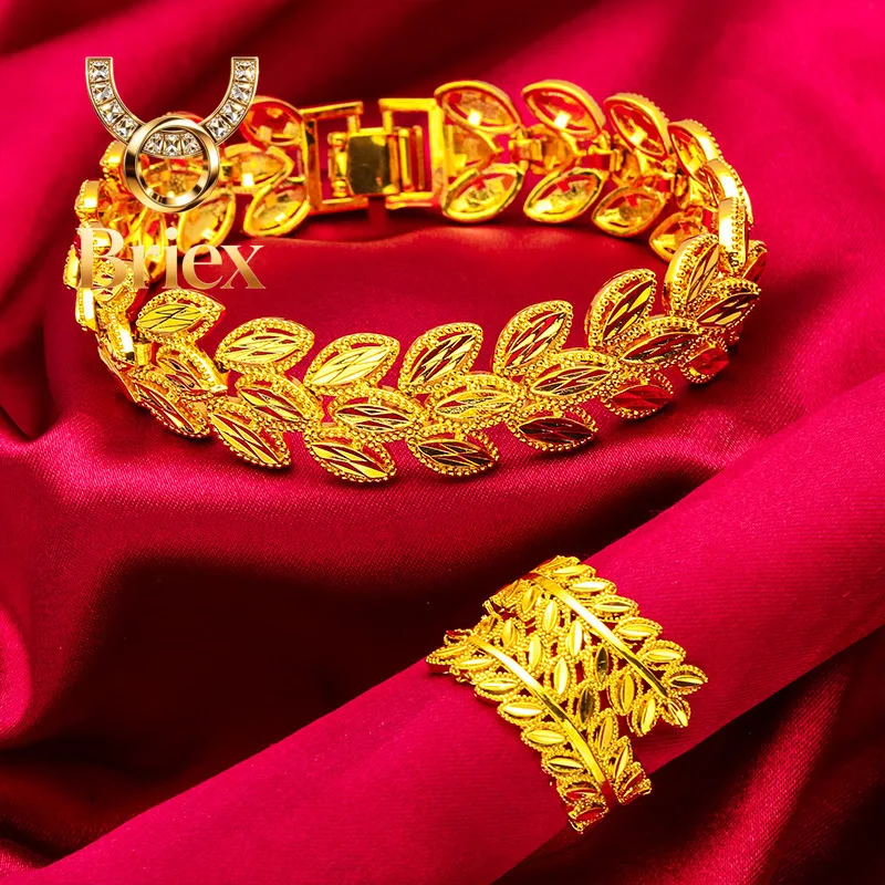 

Briex Jewelry 24K Gold AU999 Women's Wheat-Leaf Bracelet-Ring - Wide Edge + 3D Relief, Matte Wheat/Polished Leaf Contrast, Luxur