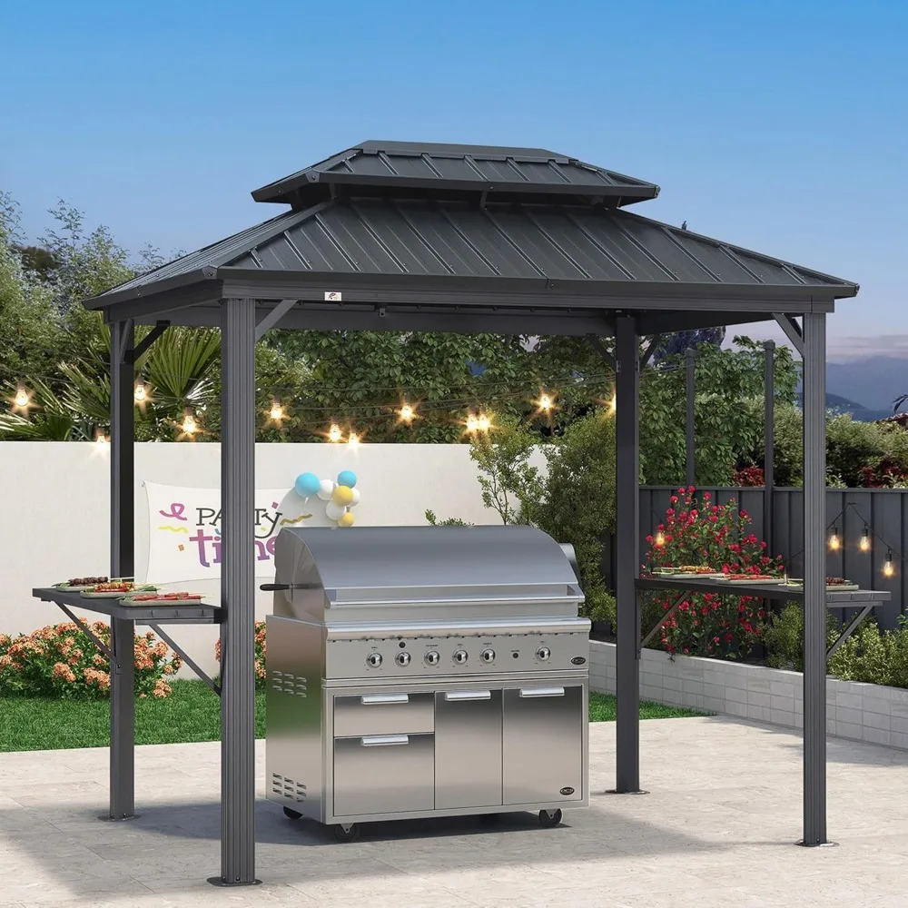 

6' X 8' Hardtop Grill Gazebo for Patio Permanent Aluminum Barbeque Shelter Canopy with Ceiling Hook and Shelves Double Tiered G