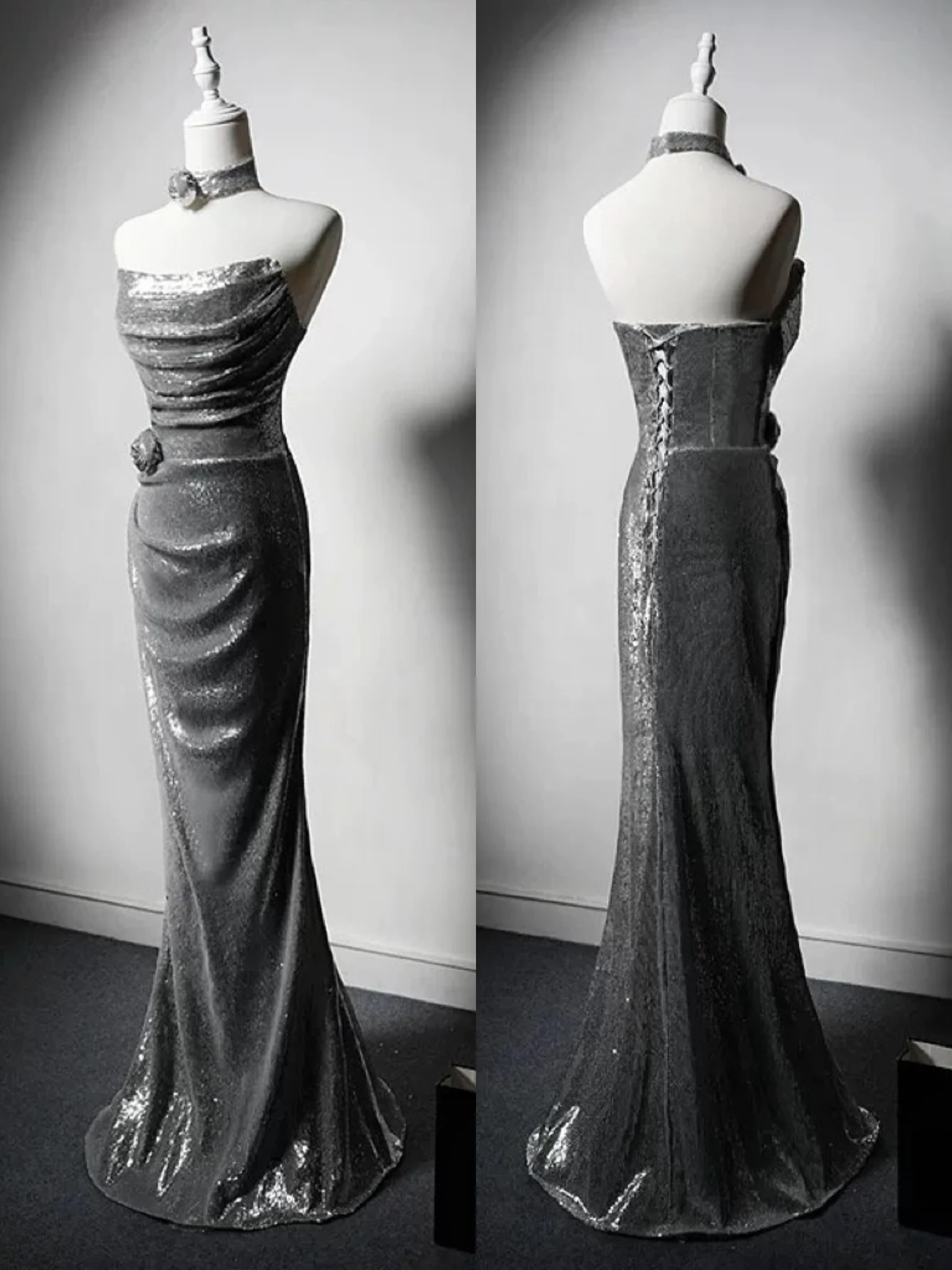 Silvery Sequins Mermaid Evening Dresses Sexy Formal Occasion Floor Length Pleated Sleeveless Strapless Woman Celebrity Gowns