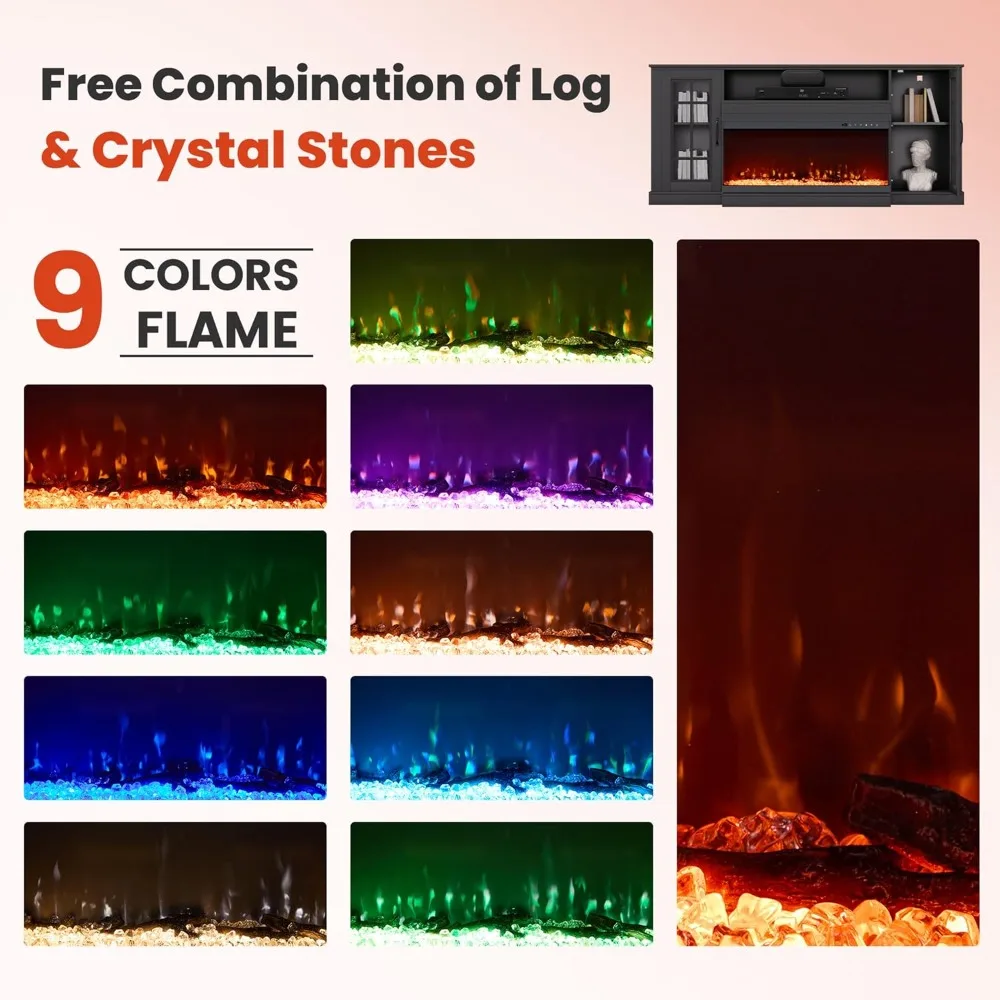 ファームハウススタイルの3面テレビスタンド、80インチテレビ用、ガラス扉付きエンターテイメントセンター、メディア収納キャビネット