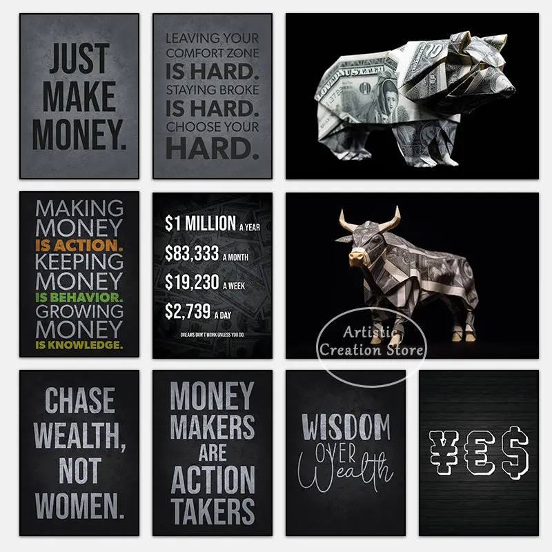 Stock Market Inspirational Quotation Poster Wall Street Cattle Pig Money Pictures Print Canvas Painting Office Living Room Decor