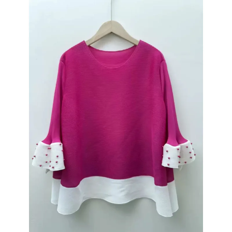 T-shirt Long Sve avec perles de couleur pliée, pantalon ample à jambes larges, vêtements d'extérieur simples, taille haute, automne