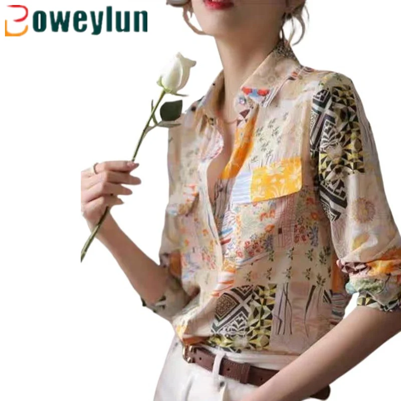 Boweylun-imitação de amoreira camisa de seda estampada feminina, camisa floral solta de manga comprida, nova, primavera e verão